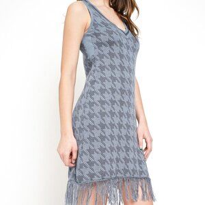 MYSTREE Blue Houndstooth Fringe Hem Sleeveless Dress Retro Boho Style